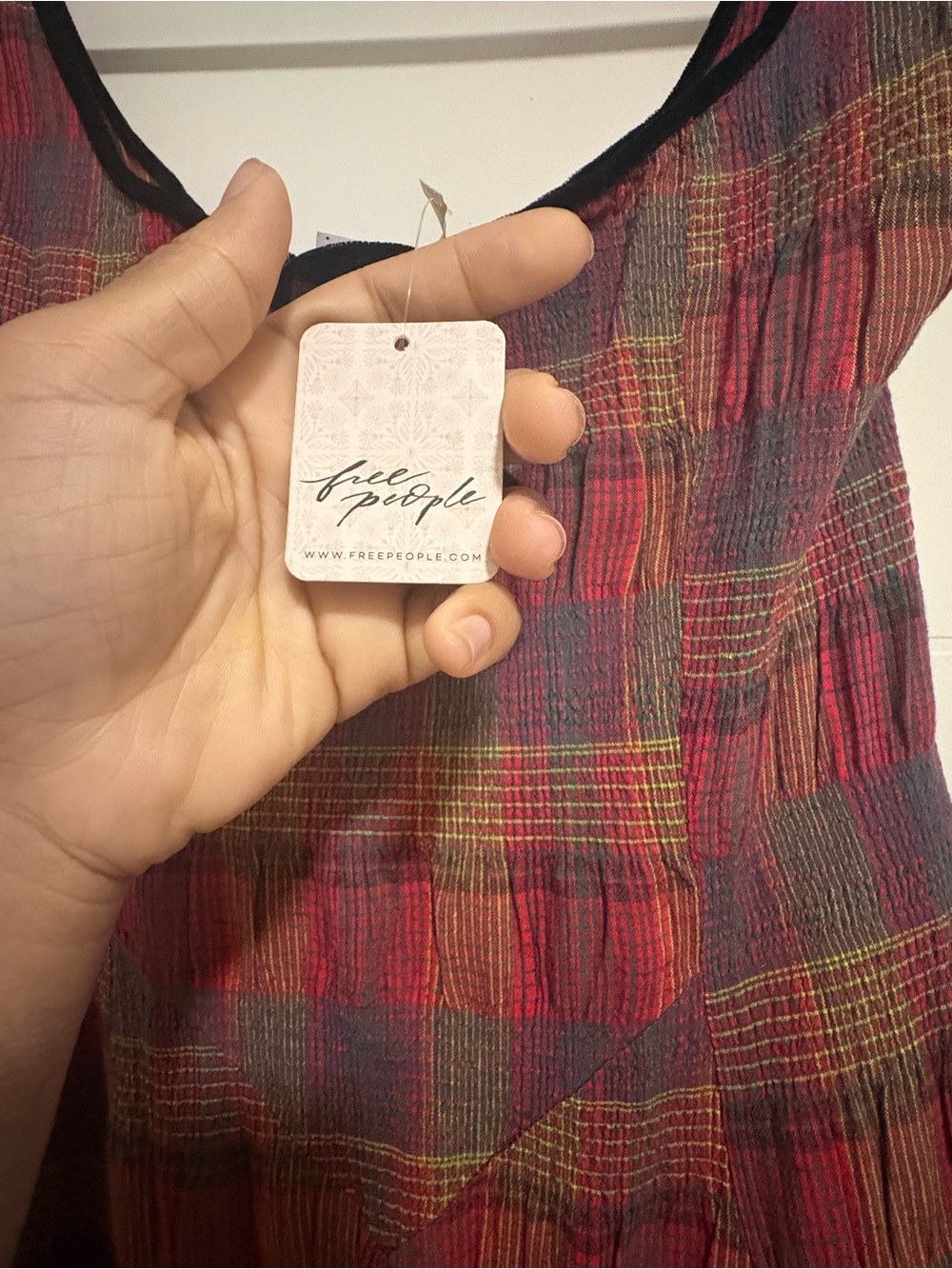 Free People Freya Strappy Midi Dress in Cherry Plaid with Black Trim - Picture 5 of 7